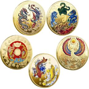 5 Pcs Chinese Lucky Coin 2025 New Year of The Snake Chinese Zodiac Coins Chinese Ancient Mythical Creatures Lucky Novelty Coins for Blessing Souvenir Spring Festival Collection Gift