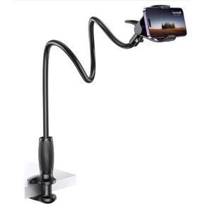 Gooseneck Phone Holder for Bed - [Upgraded Stable Clip] for Desk, Headboard, Bed, Bedside, Table, Flexible Gooseneck Long Arm Stand, Overhead Cell Phone Clamp Mount, for All 4-7" Devices