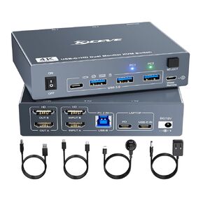 KVM Switch 2 Monitors for 1 Laptop and 1 Desktop 4K@60Hz, USB C HDMI Dual Monitor KVM Switch,Docking Station KVM Switches with 4 USB 3.0 Port, 80W PD Charging, Wired Remote and USB-C Cable Included