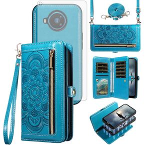 Asuwish Phone Case for Nokia X100 5G Zipper Wallet Magnetic Detachable Cell Cover with Tempered Glass Screen Protector Crossbody Strap Flower Card Holder NokiaX100 X 100 100X TA-1399 Women Rose Gold