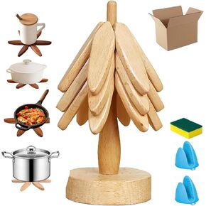 Wooden Tree Coasters with Holder,4 Wooden Trivets+1 Stand stored+1 Kitchen Cleaning Sponges+1 Oven Gloves Silicone Heat for Hot Dishes Decorative Christmas Tree Shape (Burlywood-4 Layers)