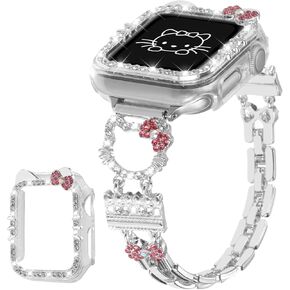 Bling Bracelet Band with Protector Case Compatible with Apple Watch Bands for Women iWatch Series 10 46 mm 42mm,Series 9 8 7 41mm 45mm,Series 6 5 4 SE 40mm 44mm,Cute Cartoon Dressy Jewelry Metal Strap