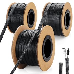 300 Feet 1/4, 1/2, 3/8 Inches Braided Wire Loom PET Cable Loom Expandable Sleeving Braided Sleeve for TV, Computer, Home Theater