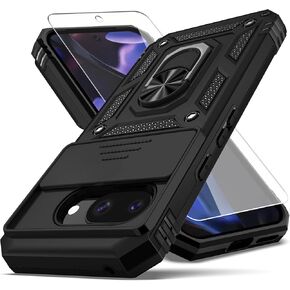 for Pixel 9a Case,with Camera Lens Cover HD Screen Protector,[Military Grade] Ring Car Mount Kickstand Hybrid Hard PC Soft TPU Shockproof Protective Case for Google Pixel 9a, Black