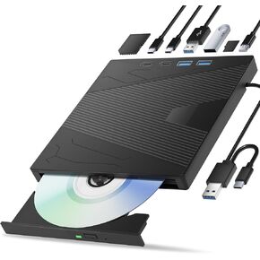 External CD/DVD Drive for Laptop, 7-in-1 DVD Player for Laptop USB 3.0 & Type-C Portable CD Burner External Disk Drive Optical Compatible with Latptop PC Windows XP/7/8/10, Linux MacOS