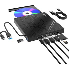 AGPTEK 8 in 1 External CD/DVD Drive for Laptop, USB 3.0 Ultra Slim Portable CD Burner with 4 USB Ports and 2 TF/SD Card Slots, External DVD Drive Compatible with Mac, PC, Windows 11/10/8/7, Linux