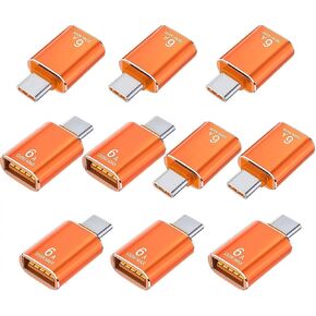 10 Pack 10Gbps/120W USB C to USB3.1 Adapter, Orange Type C Male to USB Female Adapter for Smartphone, PC, Laptop, Tablet, Keyboard etc.