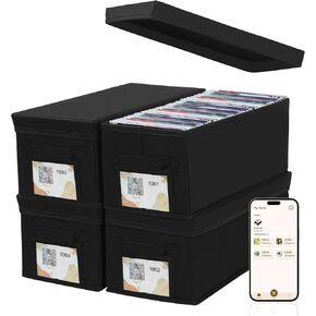 CD Storage Boxes with Smart Labels,DVD Storage Case 4 Pack Foldable CD Organizer with Lid Stackable Jewel Cases with Handles,Holds 35 CDs for Disks Tapes,Black 13.78" L x 6.3" W x 5.12" H