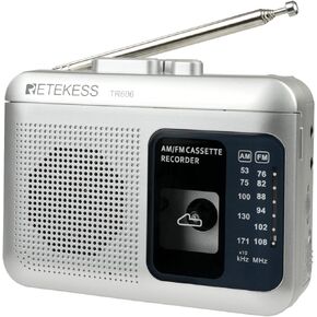 Retekess TR606 Tape Recorder Cassette Player, AM FM Cassette Players Walkman, Supports Voice/AUX Line in Record, Powered by DC or AA Battery (Silver)