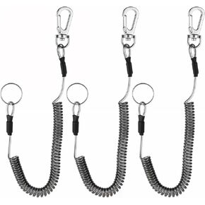 3pcs Heavy Duty Fishing Lanyard Retractable Coiled Lanyard String Rubber Coil with Stainless Steel Clip Keychain Ring Carabiner for Fishing Rod Lanyard Fishing Pole Tether Outdoor Tools, Black