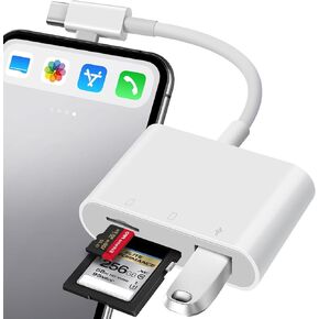OPxzws SD Card Reader, USB-C & Lightening Dual Connectors SD Card Adapter with Multi-Slot Plug & Play for microSD/SD/USB-A, Trail Camera Memory Reader Compatible with iPhone/iPad/Android/MacBook/Mac