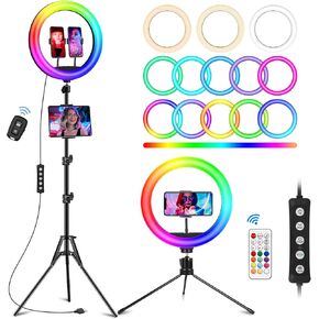 STALLY 13.3" Ring Light with Stand, Music Mode, 75" Tall with 3 Phone Holder, 3 CCT Modes & 48 RGB Color Modes, Ring Light Tripod for iPhone with Wireless Remote, Great for Photograph/Makeup/TikTok