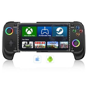 Wireless Phone Controller for iPhone/Android No Deadzone, Mobile Gaming Controller Support Xbox Game Pass, PlayStation, Steam Link, Call of Duty, Roblox, Cloud Gamepad for iOS with Dynamic LED Lights