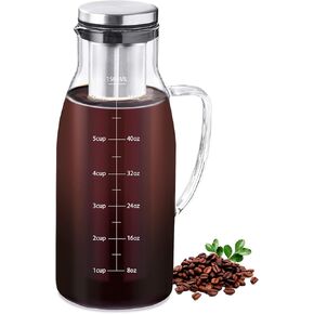 صانع القهوة البارد Brew Coffee Maker 1.5l/51oz-إبريق زجاجي بوروسيليكات مع مرشح وغطاء من الفولاذ المقاوم للصدأ ، وذوي الجوانب البارد الخالي