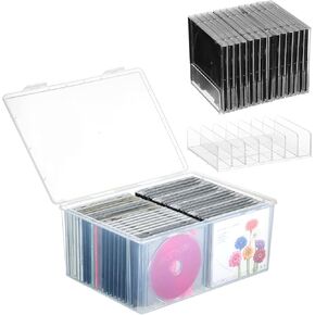 3 Pack Clear Plastic CD Organizer Include 1 CD Storage Box and 2 7-Compartment CD Storage Organizer Holder Stackable CD Display Rack Holds up to 14 Standard CD Cases for DVDs,Video Games,Blu-ray,Books