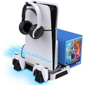 Kuptone P5 Cooling Station with Dual Controller Charger for P5 / P5 Slim / P5 Pro Series, P5 Cooling Stand with 3-Level Fan, 13 Game Slots and Headset Holder