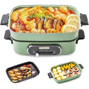 Joydeem 3-in-1 Electric Hot Pot, Multi-use Shabu Shabu Pot with Grill Pan & Steamer, Non-stick Ceramic Oil Coating, 4.5L, JD-HG9088G, Green, Standard