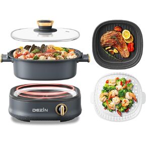 Dezin Electric Shabu Shabu Pot with Removable Pot, 3L Non-Stick Hot Pot Electric with Steamer and Grill Pan, 3-in-1 Electric Pot with Dual-Power Control for Party, Family and Friend Gathering