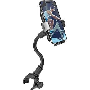 Indoor Bike Phone Holder, Adjustable Gooseneck Cell Phone Mount for Spin Bike, Treadmill, Stationary, [Anti-Shake Tether] Handlebar Clamp Mount for iPhone 16 15 14, Galaxy S24, More 4-7" Phones
