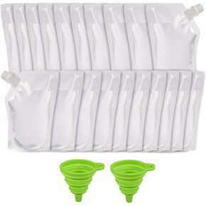 'LotFancy Plastic Flask for Liquor, 12 pc (8 16 and 32 Oz), Liquor Pouch Bulk, Portable Juice Pouches Bags for Travel, Cruise Ship, Reusable Drinking Secret Flask with 2 Collapsible Funnels, BPA Free