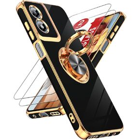 LeYi for Moto-G Play-2024-Case: (𝐍𝐨𝐭 𝐟𝐢𝐭 𝐆 𝟓𝐆 𝟐𝟎𝟐𝟒) 360° Magnetic Ring Stand, Rose Gold Edge, Shockproof TPU, 2X Tempered Glass, Black