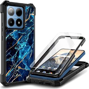 Designed for Boost Summit 5G Case with [Tempered Glass Screen Protector], Full-Body Protective Shockproof Rugged Bumper Cover Phone Case for Boost Mobile Summit 5G (Marble Sapphire)