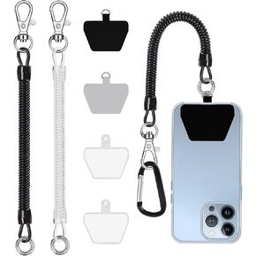 takyu Phone Tether, 2PCS Phone Lanyard Tether with 4*Patch and 1*Carabiner for Outdoor Hiking Cycling Climbing Skiing Compatible for iPhone Samsung Pixel Most Smartphones(Black+Clear)