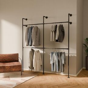 pamo Industrial pipe clothing rack metal black - Wall mounted clothes racks for hanging clothes - Modern walk in closet - KIM III DOUBLE black