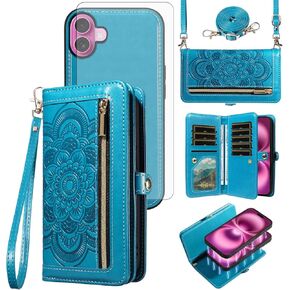 Asuwish Phone Case for iPhone 16 Plus 6.7 inch Zipper Wallet Detachable Cell Cover with Tempered Glass Screen Protector Crossbody Strap Flower Card Holder i Phone16 16+ i16 + 16Plus Women Rose Gold
