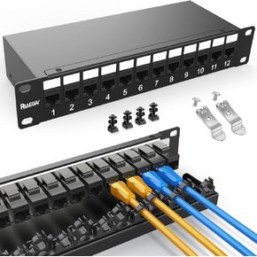 Patch Panel 12 Port 10Gbps Cat6A Ethernet Network Patch Panel with Inline RJ45 Keystone and Cable Management Bar Rackmount or Wall Mount (CAT6 Keystone Patch Panel Unshielded)