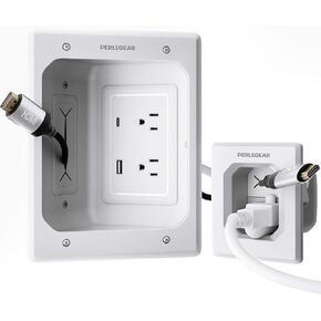 Perlegear Cord Hider for Wall Mount TV with AC Outlets, USB-A and USB-C Ports, in-Wall Cable Management Kit, Includes Drill Templates, Dust Bags, Drywall Saw, Extension Cord