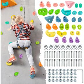 32Pcs Rock Wall Climbing Holds for Kids and Adults, Multi-Colored Rock Wall Climbing Kit, Indoor & Outdoor Playground Accessories with Mounting Screws(Macaroon)
