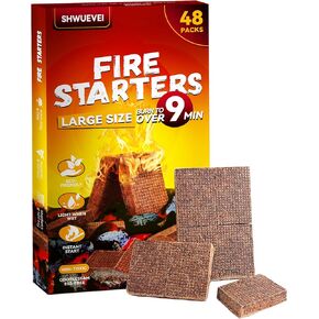 Shwuevei Natural Fire Starter Squares - 48 Pcs Rapid Ignition for Campfire, Grill, Fireplace & BBQ - Water Resistant, Odorless, Large Square - 7-9 Minute Burn Time