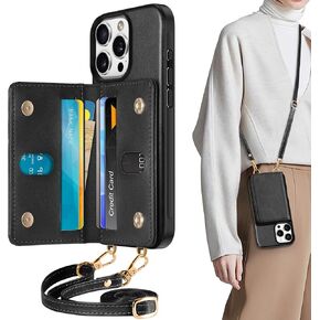 TUCCH Crossbody Wallet Case for iPhone 16 Pro (6.3"), RFID Blocking [6 Card Slots][Detachable Adjustable Lanyard], Magnetic Flip Wallet PU Leather Shockproof Phone Cover for iPhone 16 Pro, Black