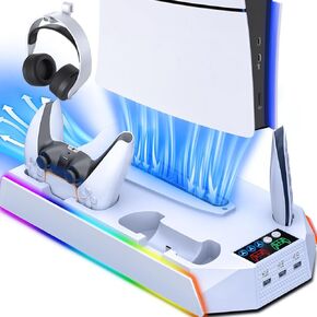 PS5 / PS5 Slim Cooling Station with Controller Charging Station - LED Light Cooling Stand for PlayStation 5 Slim Disc/Digital Console, Accessories Incl RGB Light/Cooler Fan/3 USB Hubs/Headset Holder