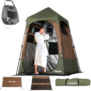 Portable Camping Shower Tent Deluxe Changing Room with Shower Bag Easy Set Up Privacy Shelter,Large Toilet Tent with Floor Drain Design for Beach,Camping,Hiking with Stakes and Ropes for Stability