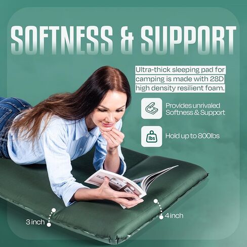 Throntrax Camping Sleeping Pad - Ultralight Camping Mat with Pillow Built-in - 3.1" Thick | Self-Inflating & Suitable for All Seasons - Compact Sleeping Pad for Camping - Green in Kuwait