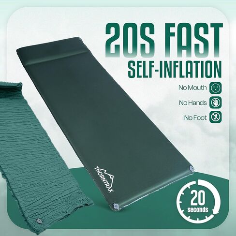 Throntrax Camping Sleeping Pad - Ultralight Camping Mat with Pillow Built-in - 3.1" Thick | Self-Inflating & Suitable for All Seasons - Compact Sleeping Pad for Camping - Green in Kuwait