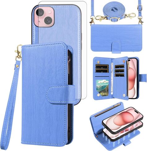 حالة هاتف ASUWISH لـ iPhone 15 6.1 بوصة سحاب غطاء خلايا مغناطيسي قابلة للفصل مع حامي شاشة زجاجية محفنة Crossbody الحبل in Saudi Arabia