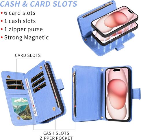 حالة هاتف ASUWISH لـ iPhone 15 6.1 بوصة سحاب غطاء خلايا مغناطيسي قابلة للفصل مع حامي شاشة زجاجية محفنة Crossbody الحبل in Saudi Arabia