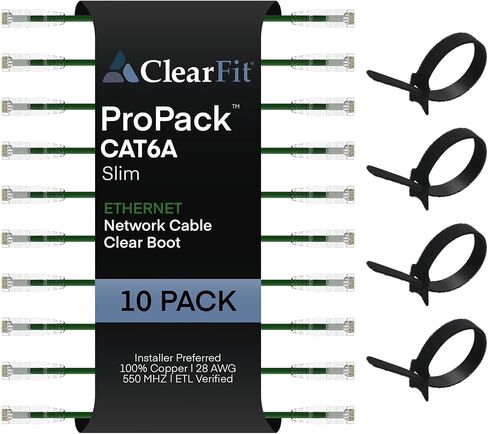 Slim 10 Pack - 1ft Cat6A Cable with 4 8-Inch Hook and Loop Straps, 28AWG Ethernet Patch, Network, Clear Boot, Cat 6A Internet, Black, 1 Foot, by UNC Group in Saudi Arabia