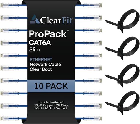 Slim 10 Pack - 1ft Cat6A Cable with 4 8-Inch Hook and Loop Straps, 28AWG Ethernet Patch, Network, Clear Boot, Cat 6A Internet, Black, 1 Foot, by UNC Group in Saudi Arabia
