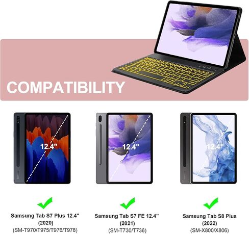Galaxy Tab S7 FE Case 12.4" Tablets with Keyboard for Samsung Galaxy Tab S8 Plus/Tab S7 Plus S7+ S8+Case,7 Colors Backlit Tablet Cover Wireless Bluetooth Keyboard with S Pen Holder (Blue) in Saudi Arabia