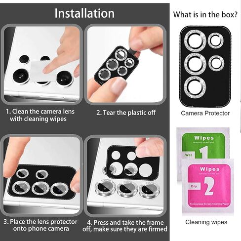 Compatible for Samsung Galaxy S22 Ultra Camera Lens Protector Glitter, Cute Bling Camera Cover with Tempered Glass Screen, Sparkly Metal Ring, Case Friendly (Black) in Saudi Arabia