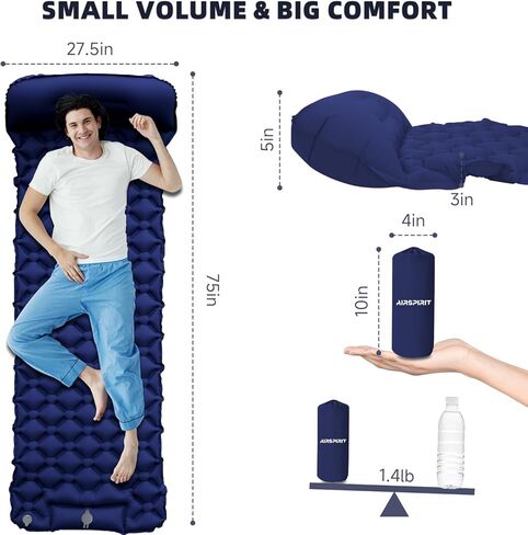 Inflatable Sleeping Pad with Pillow for Camping-Built in Foot Pump Fast Inflation-Ultralight Upgraded Durable Compact Sleeping Mat Moisture Proof Air Mattress for Backpacking,Hiking,Travel,Tent in Kuwait