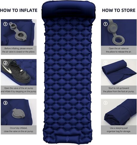Inflatable Sleeping Pad with Pillow for Camping-Built in Foot Pump Fast Inflation-Ultralight Upgraded Durable Compact Sleeping Mat Moisture Proof Air Mattress for Backpacking,Hiking,Travel,Tent in Kuwait