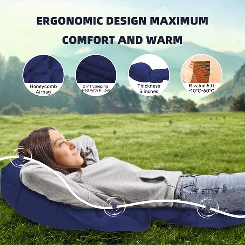 Inflatable Sleeping Pad with Pillow for Camping-Built in Foot Pump Fast Inflation-Ultralight Upgraded Durable Compact Sleeping Mat Moisture Proof Air Mattress for Backpacking,Hiking,Travel,Tent in Kuwait