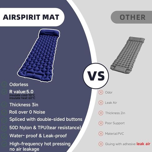 Inflatable Sleeping Pad with Pillow for Camping-Built in Foot Pump Fast Inflation-Ultralight Upgraded Durable Compact Sleeping Mat Moisture Proof Air Mattress for Backpacking,Hiking,Travel,Tent in Kuwait