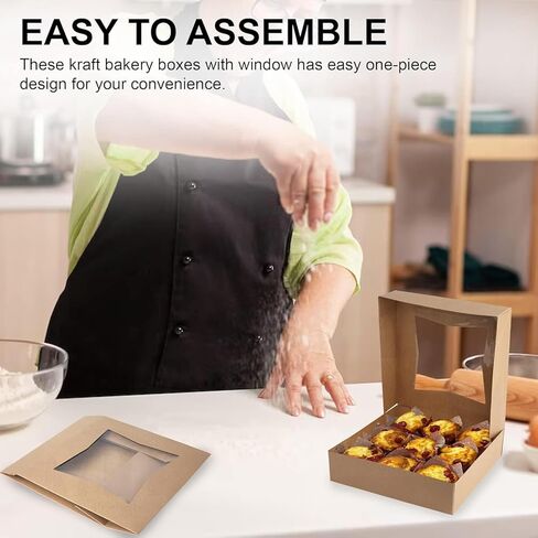 MT Products Kraft Bakery Boxes with Window - Size of 8" x 8" x 2 ½" - (15 Pieces) Auto Pop-Up Pastry Boxes with Window - Perfect for Muffins, Donuts, Mini Cakes, and Cookies - Made in the USA in Kuwait