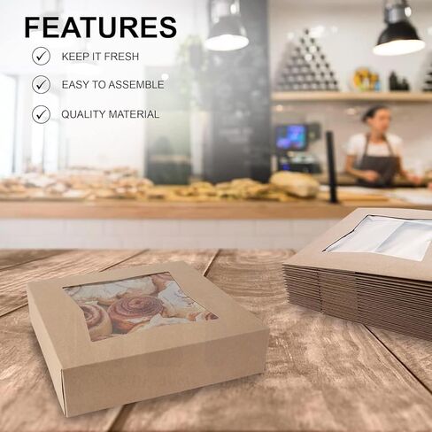 MT Products Kraft Bakery Boxes with Window - Size of 8" x 8" x 2 ½" - (15 Pieces) Auto Pop-Up Pastry Boxes with Window - Perfect for Muffins, Donuts, Mini Cakes, and Cookies - Made in the USA in Kuwait